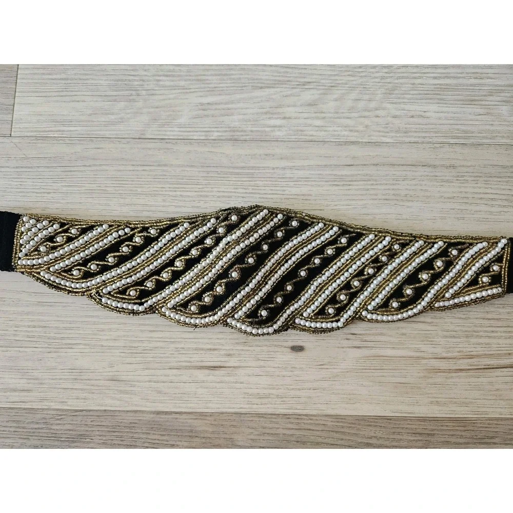 Vintage Handcrafted Zardozi‎ Black Velvet Clutch and Belt Set Gold Pearl India